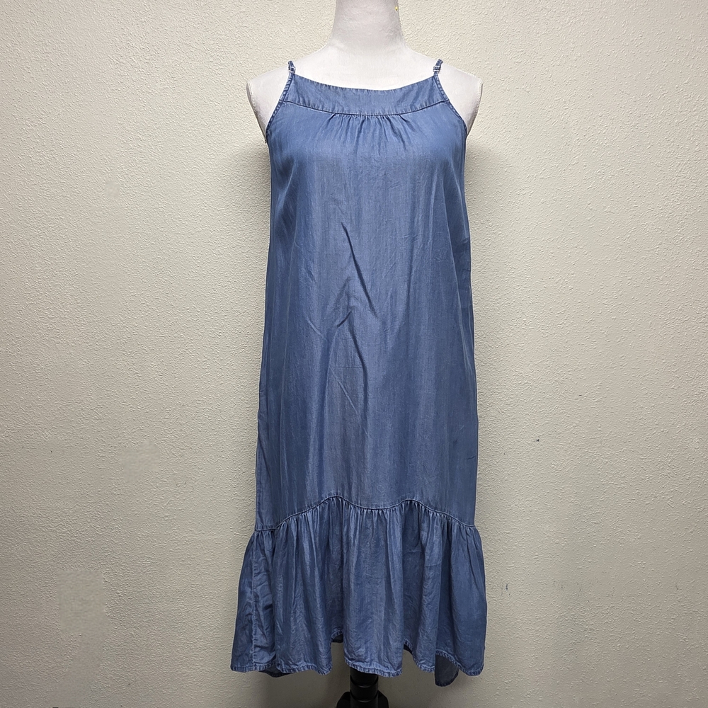 Mango Blue Chambray Asymmetrical Sundress with Adjustable Spaghetti Straps Sz XS